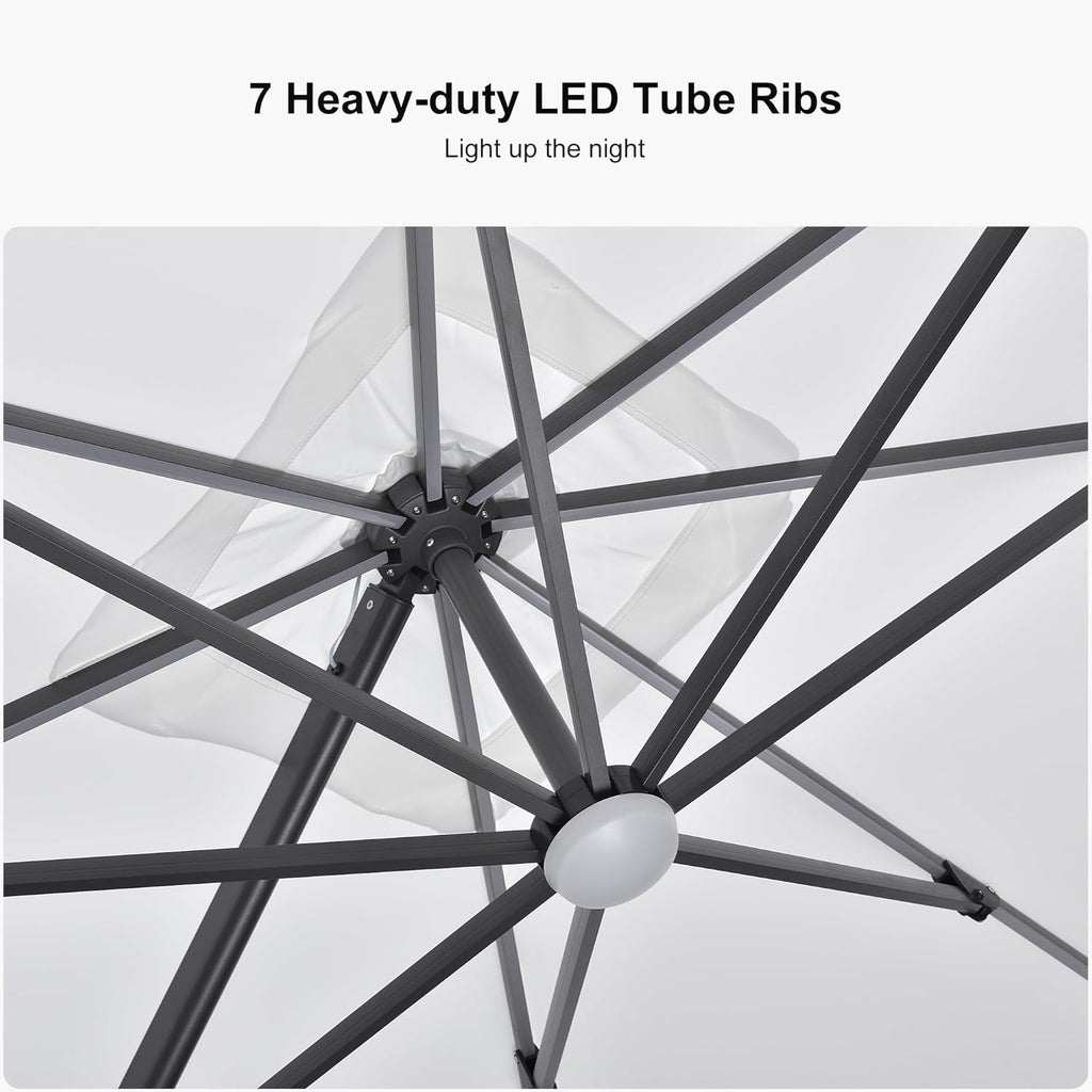 PURPLE LEAF 10 Feet Patio Umbrella Outdoor Cantilever Solar Powered LED Square Umbrella Aluminum Offset Umbrella with 360-degree Rotation for Garden Deck Pool Patio White