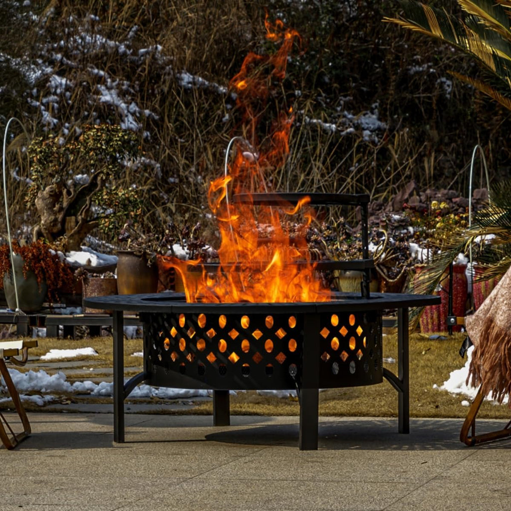 42 Inch Fire Pit with 2 Grills, Extra Large Wood Burning Fire Pits for Outside with Lid & Poker, Heavy Duty Firepit,BBQ& Outdoor Firepit & Round Metal Table 3 in 1 for Patio, Picnic, Party