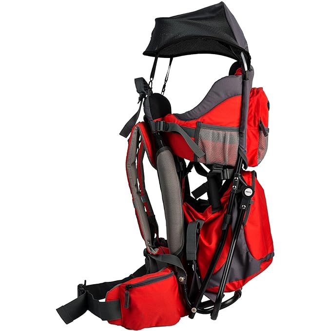 ClevrPlus Canyonero Camping Baby Backpack Hiking Kid Toddler Child Carrier with Stand and Sun Shade Visor, Red