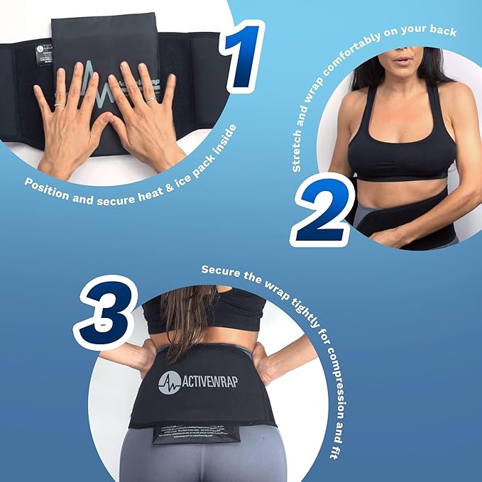ActiveWrap Back Heat Ice Wrap with Reusable Gel Pack and Support. for Sciatica, Lumbar Strains, Stiffness & Low Back Pain Relief. Portable Heat Compress for Spine Recovery. Hot and Cold Therapy