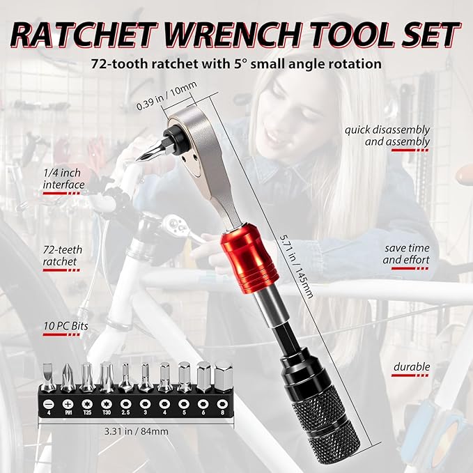 Bike Repair Tool Kit with Mini Pump & 10 Magnetic Bits - Alloy Multitool for Bicycle, MTB, Road Cycling - Portable Multifunction Tool Set Include Tire Inflator for Presta/Schrader Valves
