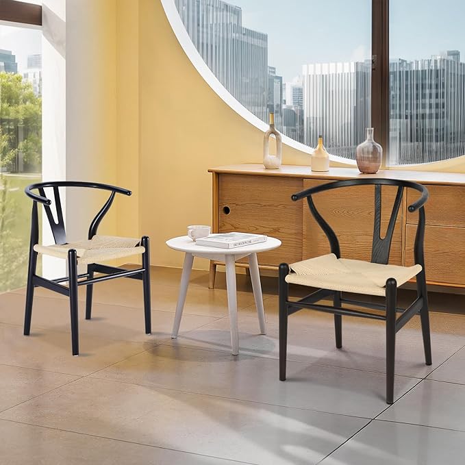 Wishbone Chair Natural Solid Wood Dining Chair/Hans Wegner Y Chair Rattan and Wood Accent Armrest Chairs - Ash Wood Chairs Set of 4 (Ash Wood - Black + Natural Color)