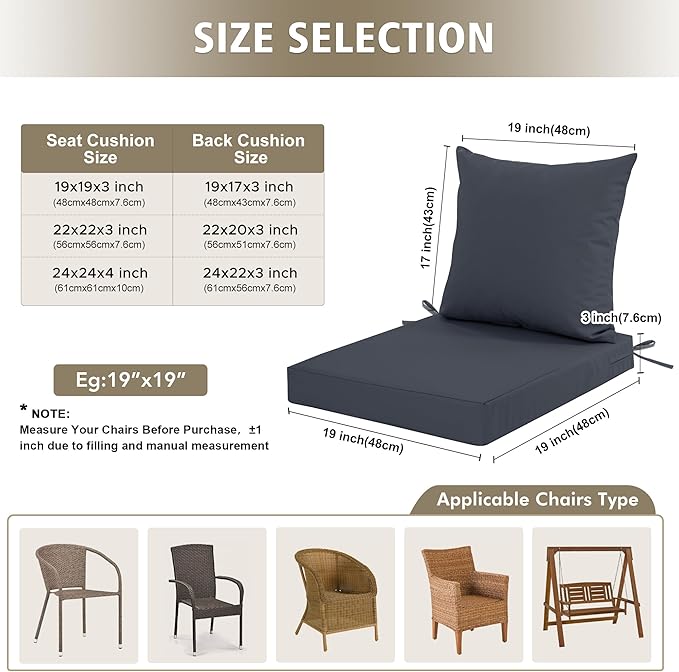 Outdoor Cushions for Patio Furniture, Waterproof Outdoor Chair Cushion w/Fade-Resistant, Removable & Machine-Washable Cover, 22x22 Inch, Deep Seat Sofa/Couch Pad Replacement – Set of 2, Dark Grey