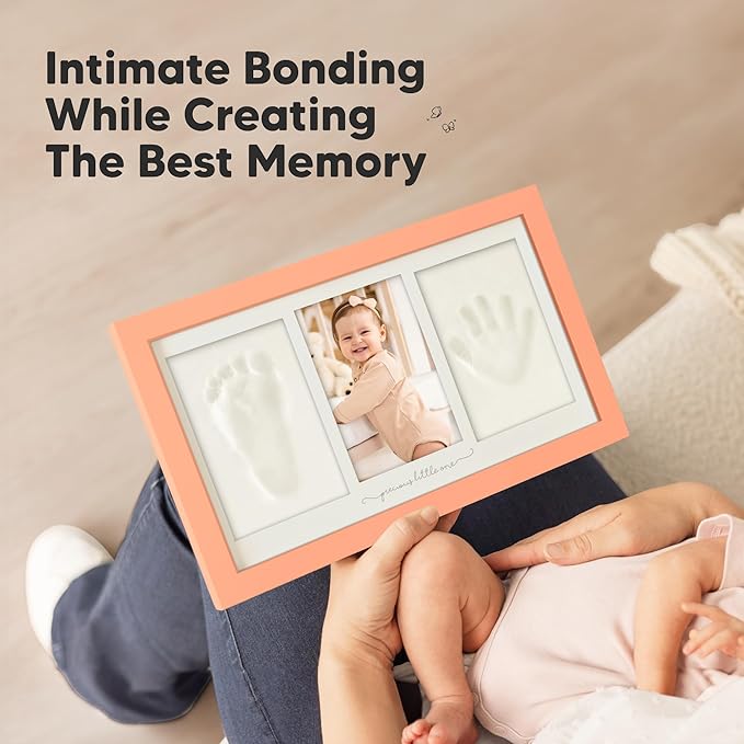 Baby Hand and Footprint Kit - Clay Handprint Keepsake Frame, Newborn Nursery Picture Frame, Personalized New Mom Gifts for Baby Shower & Registry (Salmon)