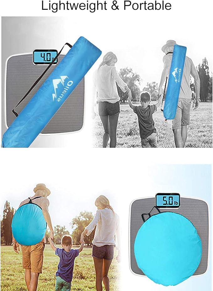 Oileus X-Large 4 Person Beach Tent Sun Shelter - Portable Sun Shade Instant Tent for Beach with Carrying Bag, Stakes, 6 Sand Pockets, Anti UV for Fishing Hiking Camping, Waterproof Windproof, Blue
