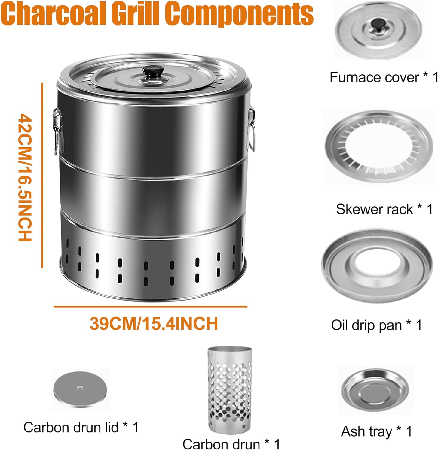 Stainless Steel Smokeless Barbecue Surround Charcoal Grill, Portable kebabs Charcoal Grill with Grilling Accessories Set, Diameter 15.4 inch/28 Kabob Skewer