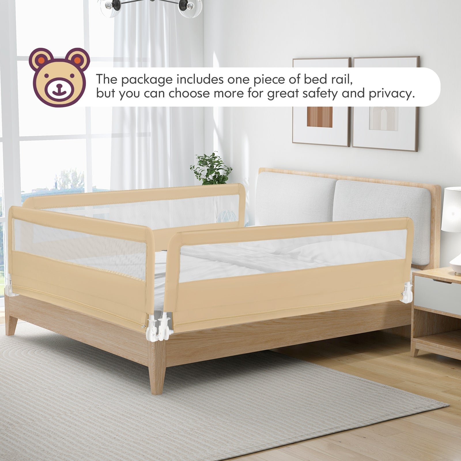71 Inch Extra Long Swing Down Bed Guardrail with Safety Straps-Beige