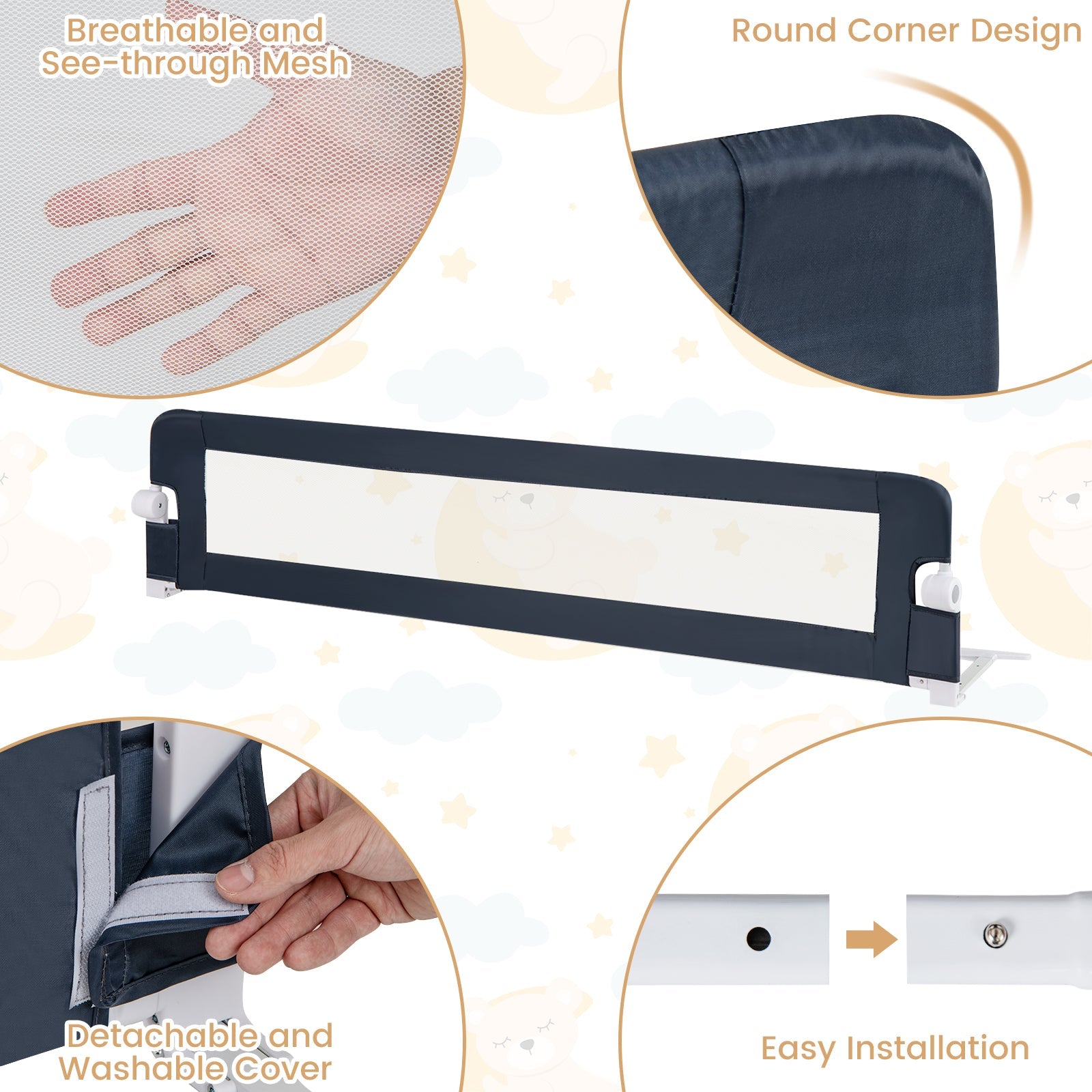 71-Inch Foldable Bed Rail Swing Down Baby Bed Guard Rail with Adjustable Safety Strap-Blue
