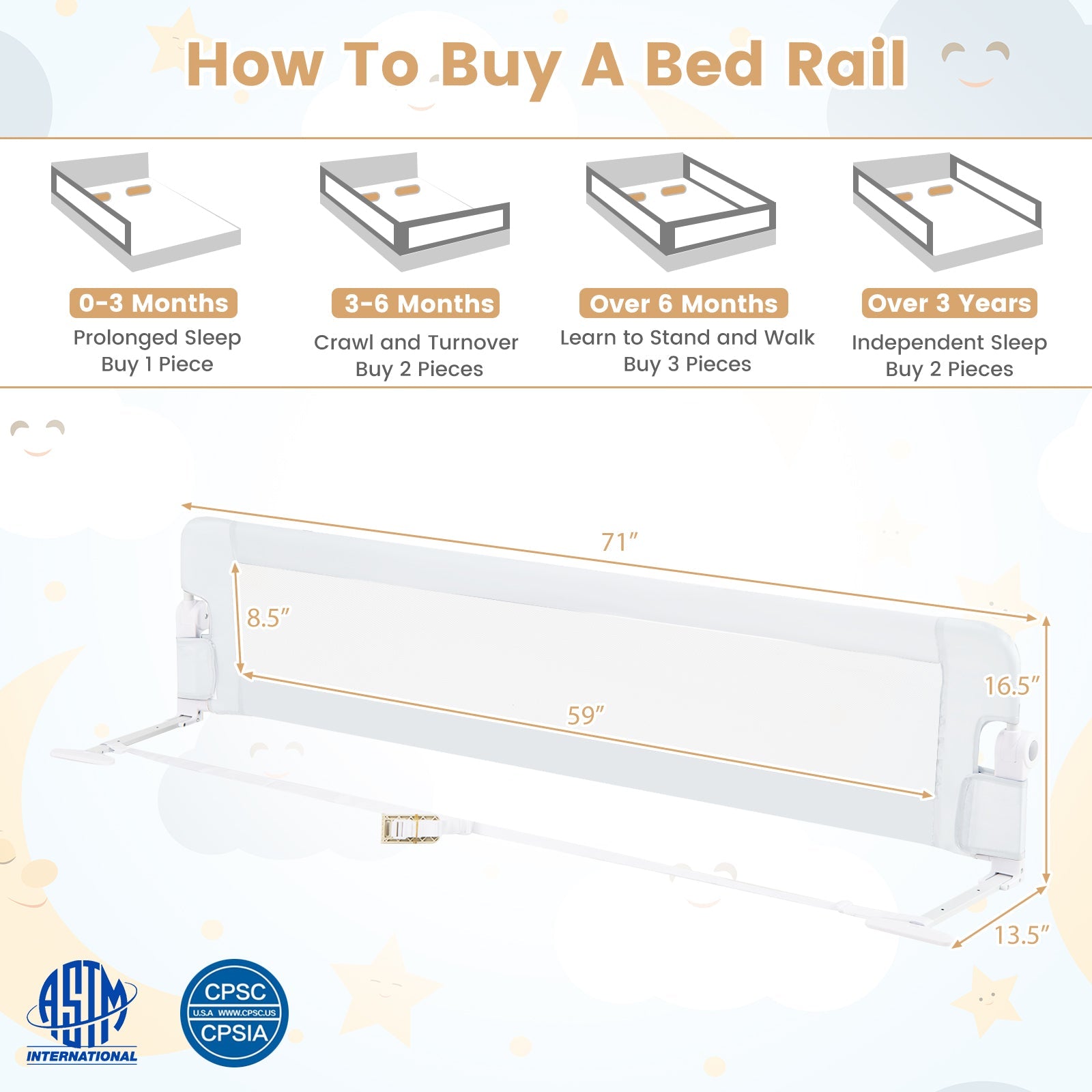 71-Inch Foldable Bed Rail Swing Down Baby Bed Guard Rail with Adjustable Safety Strap-White