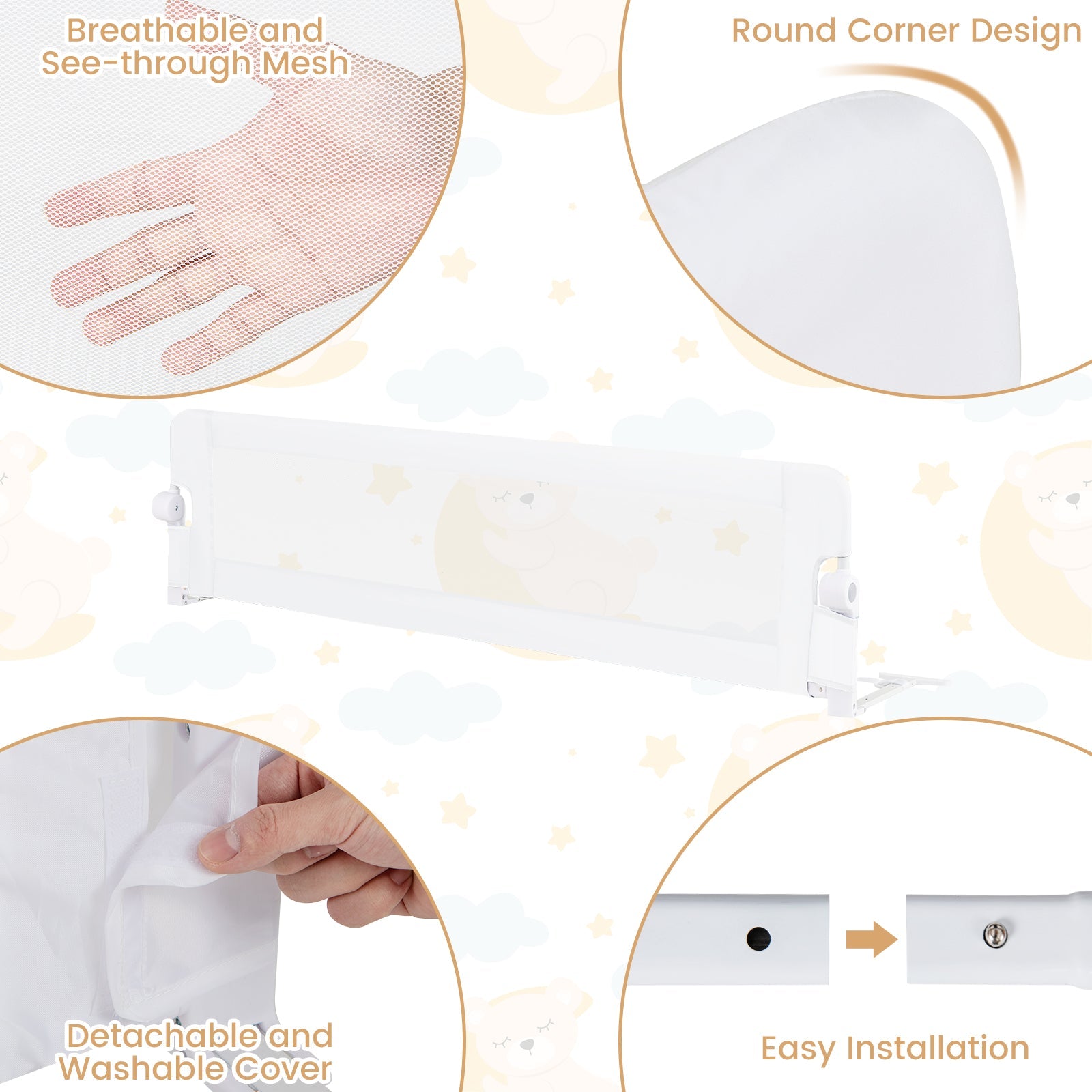 71-Inch Foldable Bed Rail Swing Down Baby Bed Guard Rail with Adjustable Safety Strap-White