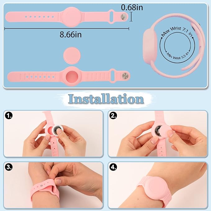 Kids Waterproof Airtag Bracelet Compatible with Apple AirTag, Hidden Silicon Protective Case for Air Tag GPS Tracker Holder, Adjustable Anti-Lost Watch Band for Toddler Child (Pink & Green)