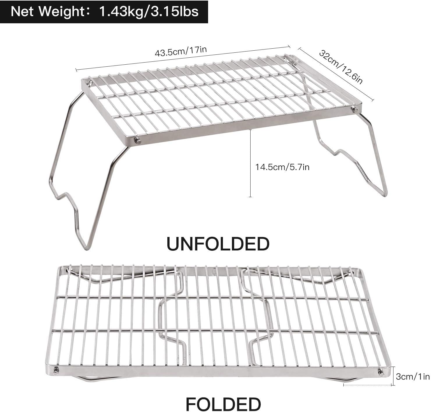 REDCAMP 17" Large Folding Campfire Grill 304 Stainless Steel Grate, Heavy Duty Portable Camping Grill with Carrying Bag for Outdoor Cooking Backpacking Hiking Picnics BBQ