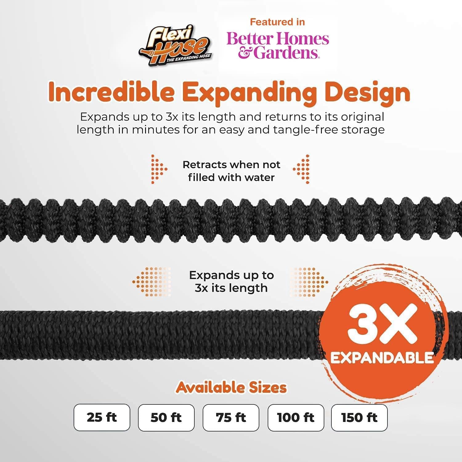 Flexi Hose PLUS with 8 Function Nozzle Expandable Garden Hose, Lightweight & No-Kink Flexible Garden Hose, 3/4 inch Solid Brass Fittings and Double Latex Core, 150 ft Black
