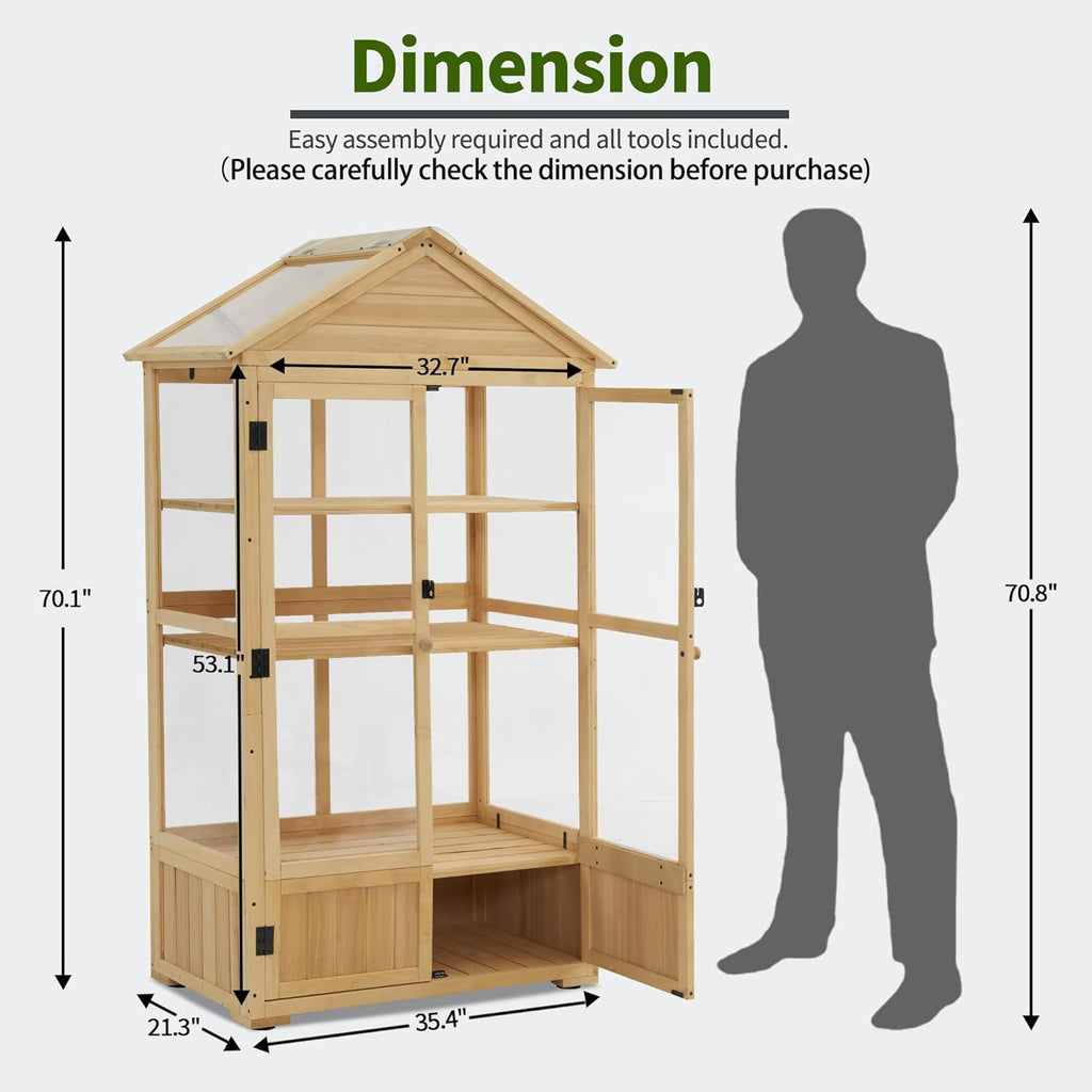 Macrout 3-Tier Solid Wood Cold Frame Greenhouse Cabinet Adjustable Shelves, Dual-Use Insulated Shed for Outdoor Garden & Indoor Balcony Planting, 0847