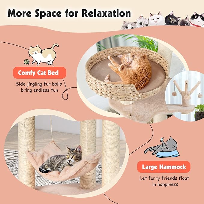 PETSITE Woven Cat Tree, Modern Cat Tower with Hammock & Scratching Posts, Cattail Condo & Top Perch, Cat Activity Tree for Indoor Cats