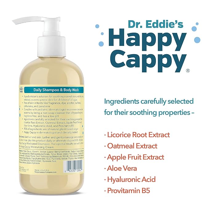 Happy Cappy Baby Shampoo and Body Wash - Eczema Body Wash for Kids, Toddler, Adults, Helps with Dryness, Reduces Itching and Redness, Dermatologist Tested, Fragrance Free - 8 Fl Oz (Pack of 4)