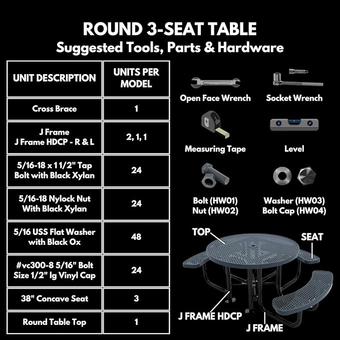Heavy-Duty Portable Outdoor Picnic Table with Umbrella Hole, Punched Steel Patio Dining Furniture Made in America (46" Round Top, Textured Grey)