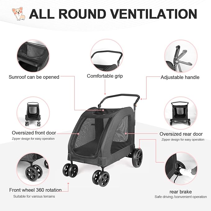 Large Dog Travel Stroller with 4 Heavy Duty Wheels Pet Stroller with Adjustable Handle - Double Doggie Capacity Jogger Wagon with Back Front Door for Small Medium Large Dogs (Black 1)
