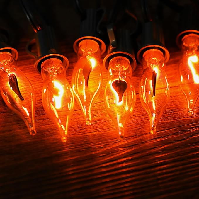 12.8Ft Christmas Lights Flickering Flame String Lights with 12 Pack Clear C7 Flame Light Bulbs（2 Spare）, Great for Indoor Outdoor Home Patio Party Christmas Decorations Lights, 1W, E12 Base