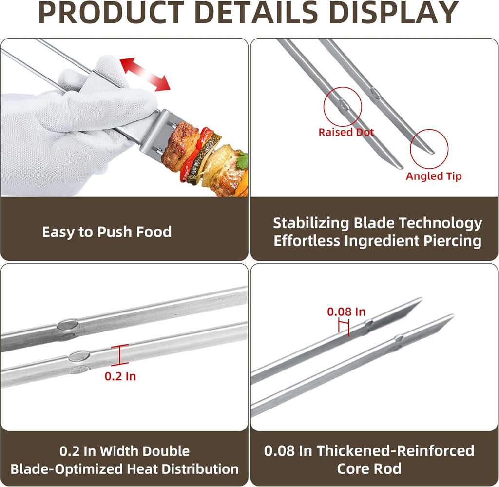 13inch 10(packs) Double Fork Flat Stainless Steel BBQ Skewers with Push Bar, Reusable Skewers for Grilling for Meat, Vegetable, BBQ Accessories