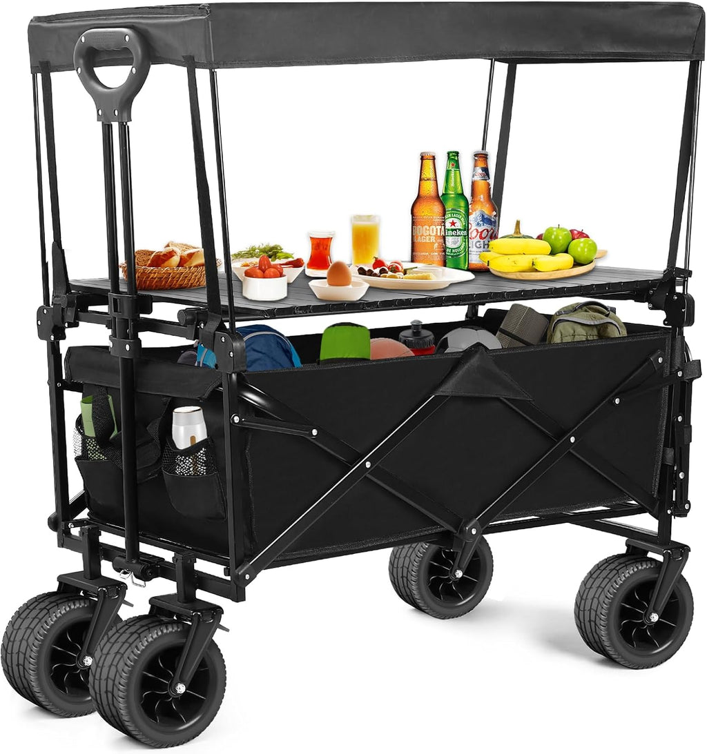 Collapsible Wagon with Table and Canopy, Large Capacity Wagons Carts, Beach Wagon with Big Wheels, Heavy Duty Beach Car Utility Wagon for Outdoor Park, Shopping, Sports, Camping, Garden