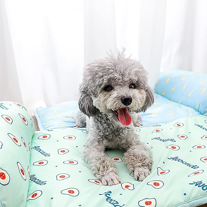 PUMYPOREITY Cooling Dog Bed, Pet Cooling Mat with Pillow, Ice Silk Cooling Dog Blanket, Self Cooling Pad for Cat,Dog, Washable Summer Pet Mat for Kennel, Crates, Sofa, Floor, Green, S