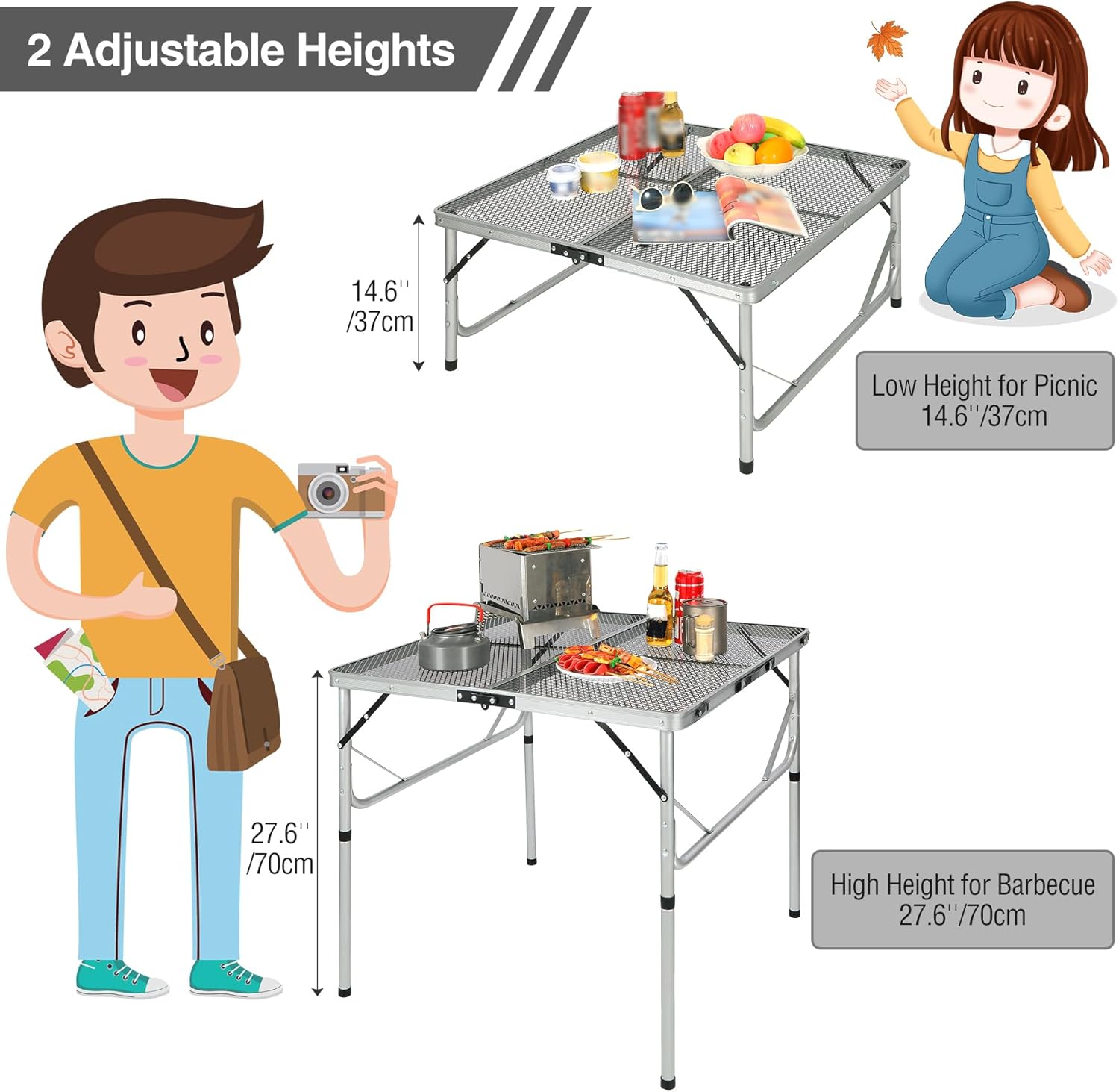 REDCAMP Folding Portable Grill Table for Outside, Lightweight Aluminum Metal Grill Stand Table for Camping Cooking BBQ RV Picnic,Easy to Assemble with Adjustable Heights Legs,Silver 32”x32”