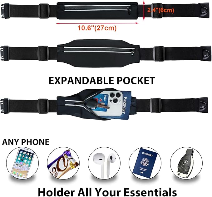Running Belt Fanny Pack, Slim Runners Waist Pack for Men & Women [Fits ALL Phones], Money Belt, Reflective Running Gear Accessories Fitness Phone Holder for Exercise Marathon Jogging (Black1)
