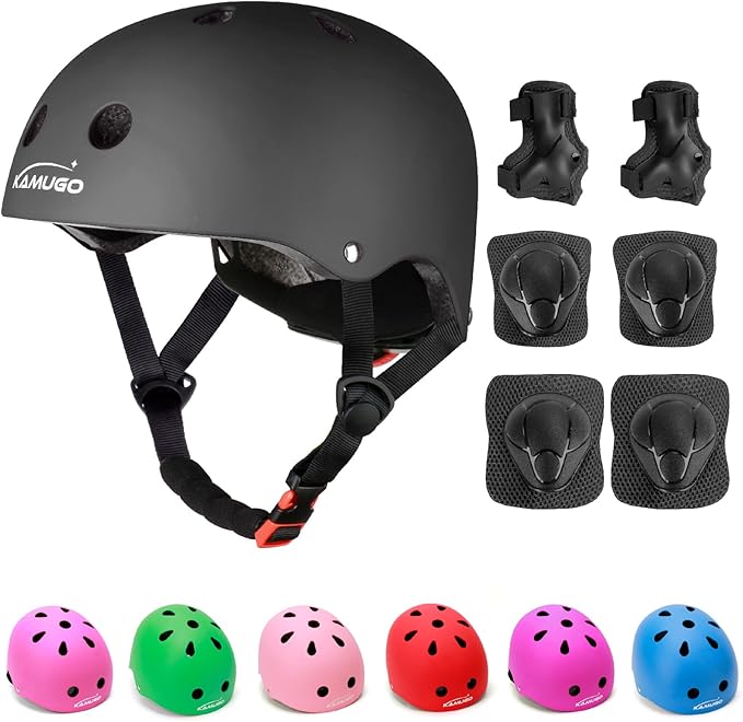 KAMUGO Kids Adjustable Helmet, with Sports Protective Gear Set Knee Elbow Wrist Pads for Toddler Age 2-8 Boys Girls, Bike Skateboard Hoverboard Scooter Rollerblading Helmet Set