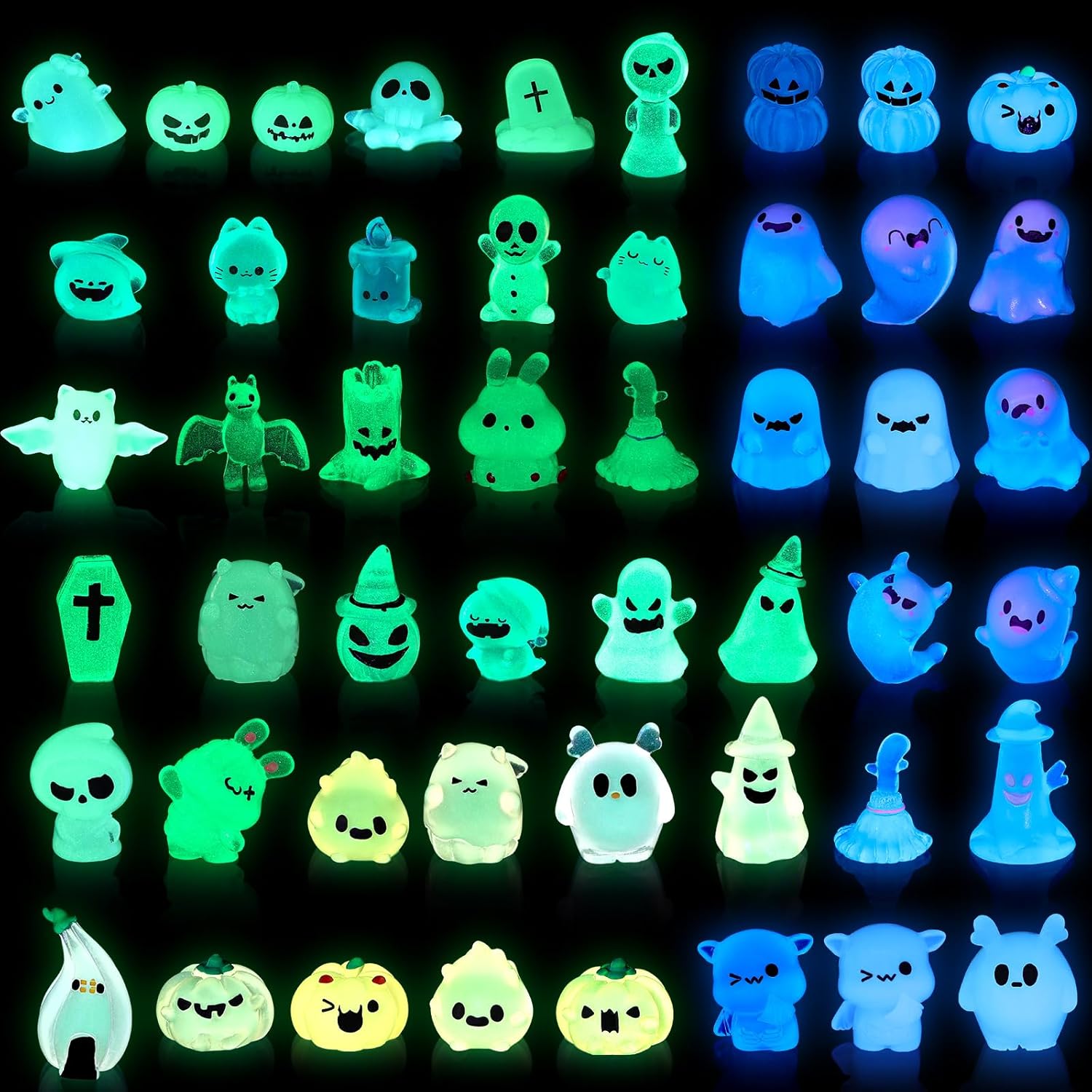 58 Pcs Halloween Luminous Mini Figures Glow in Dark Tiny Resin Figures Set Fairy House Diorama Accessories Halloween Pumpkin Ghost Skull Ornament for Garden Dollhouse Craft DIY(Ghost)
