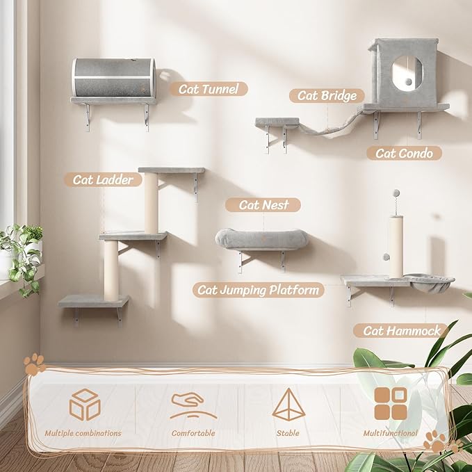 NUNU LAB Wall Mounted Cat Furniture, 7 Pcs Cat Wall Shelves with House, Tunnel, Bridge, Steps, Scratcher, Hammock, Bed, Indoor Safe & Stable Furniture for Kittens Play, Gray