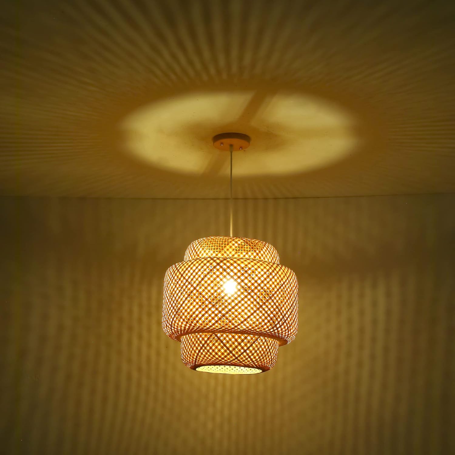 Bamboo Pendant Light - Boho Basket Chandelier Handmade Woven Pendant Light, Natural Wicker Rattan Hanging Chandelier for Kitchen Island Dining Room Living Room Porch