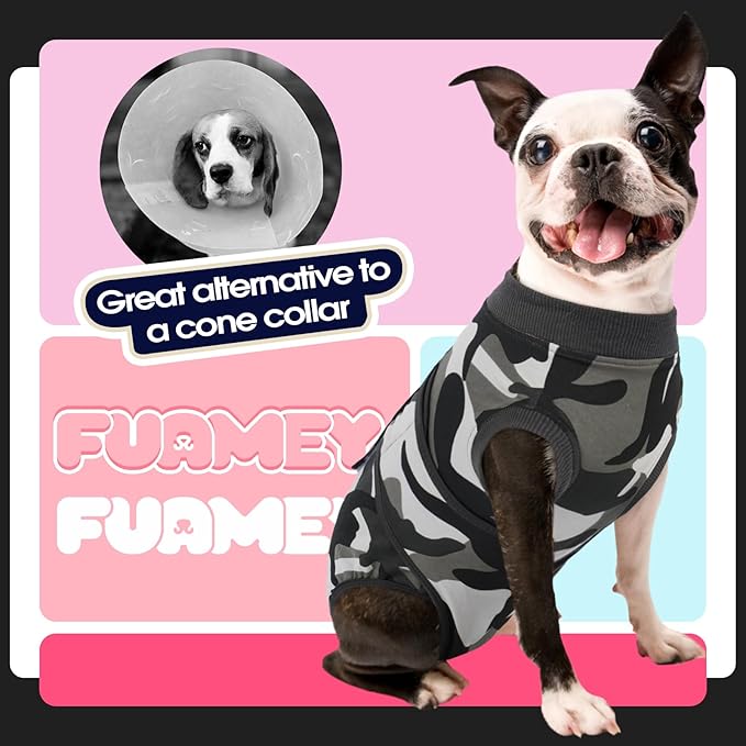 FUAMEY Dog Recovery Suit Male,Dogs Surgery Neuter Suits Puppy Spay Shirts for Female Protect Dog's Skin Anti Licking Abdominal Wounds Doggie Onesie Pet Bodysuit Alternative to Cone Grey Camouflage XXL
