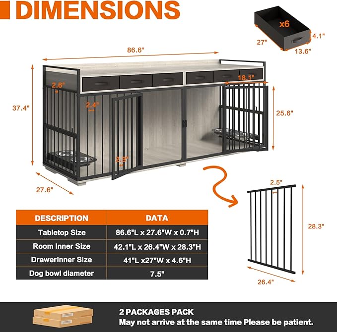 86.6inch Dog Crate Furniture with Storage,Furniture Style TV Stand Dog Kennel for 2 Dogs,with 6 Drawers,Removable Divider&Adjustable Bowls,Heavy Duty Metal Chew-Resistant Dog Crate Furniture