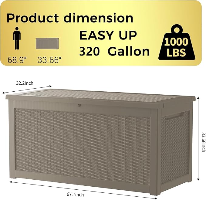 320 Gallon Outdoor Storage Box Waterproof Lockable Resin Deck Box Large, Patio Storage Bin for Pool Accessories Cushion Furniture, Garden Tools, UV-Resistant Outside Delivery Grey