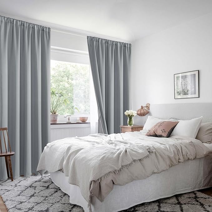 XWZO Total Blackout Curtains 63 Inches Long - Double Layer Full Room Darkening & Energy Efficiency Rod Pocket Window Panels with Tiebacks for Living Room/Bedroom, Grey, W52 x L63, Set of 2