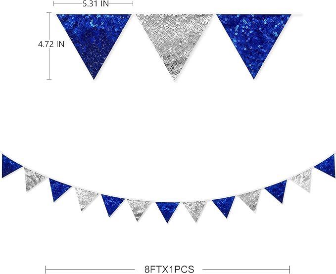 Pinkblume Silver Blue Double Sided Sequin Fabric Triangle Pennant Banner Flag Bunting Garland for Nautical Ahoy Anchor Theme Nursery Home Classroom Wall Decor
