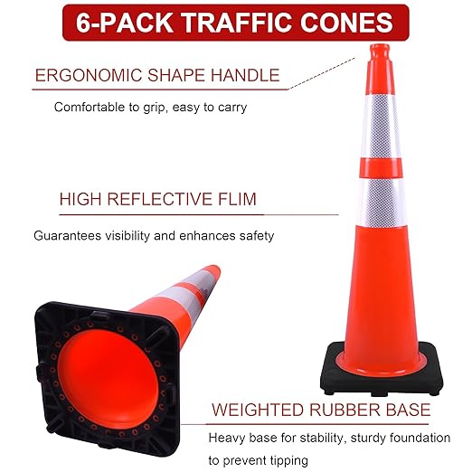 OrangeStar 6 Pack 36" Traffic Cones with Weighted Rubber Base, 2 Reflective Collars, Large Safety Cones for Parking Lot, Road Construction, Warehouse, Highway, Weatherproof PVC