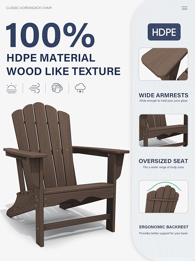 KINGYES HDPE Adirondack Chair, Classic All-Weather Adirondack Chair, Brown