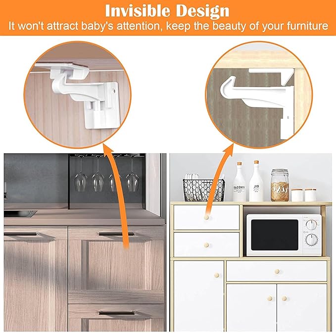 6 Pack Upgraded Invisible Baby Proofing Cabinet Latch Locks - Buumook Children Proof Cupboard Drawers Latches - Adhesive Easy Installation