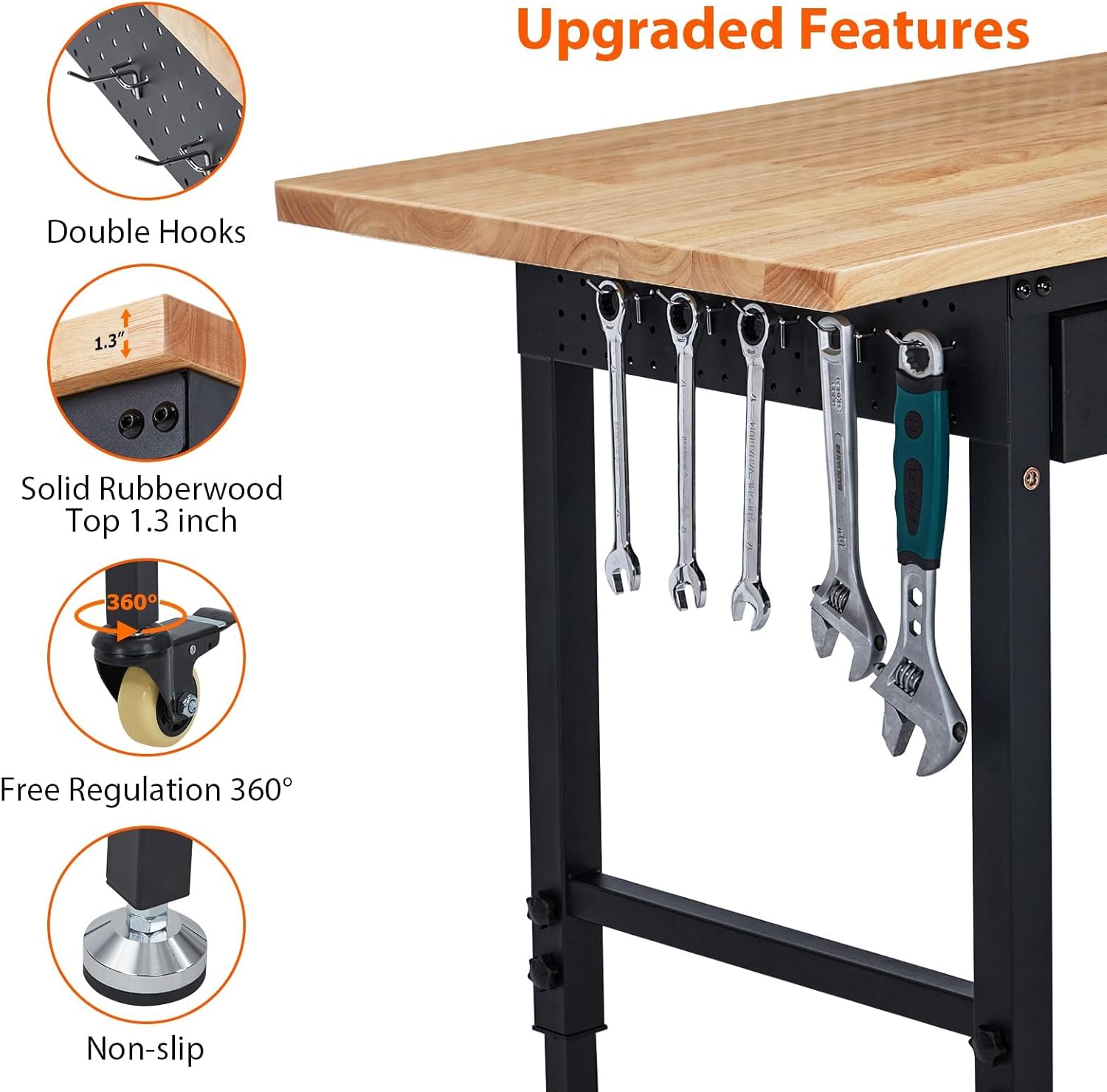 60'' Adjustable Workbench, Heavy Duty Workbench with Drawer, Power Outlet and Lockable Wheels, 2000 LBS Capacity, Work Table Suitable for Office, Garage, Workshop