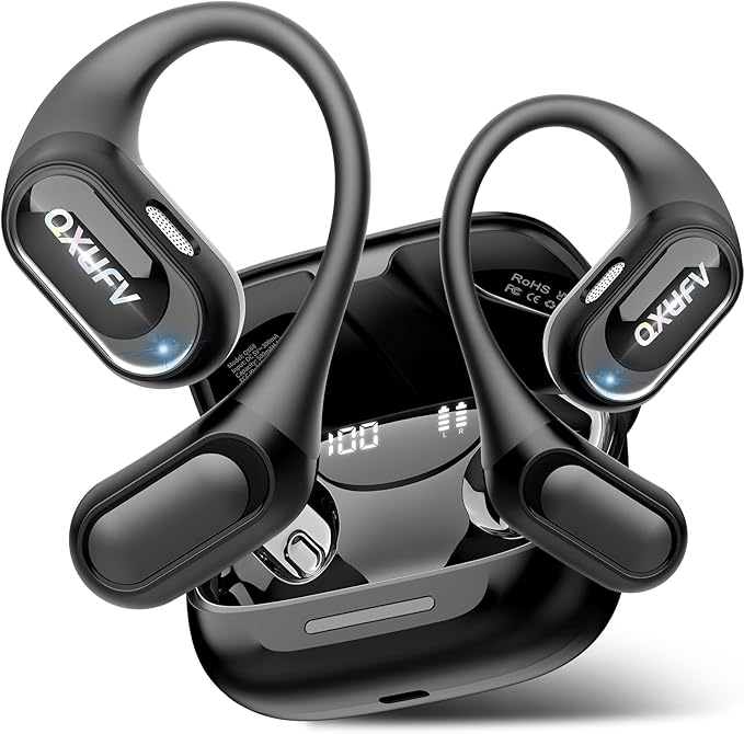 Open Ear Headphones, Bluetooth 5.4 Headphones Sports, Premium Sound with HD Mic Wireless Earbuds, 48H Playtime LED Power Display Ear Buds, IPX7 Lightweight Comfort Earphones for Running, Working