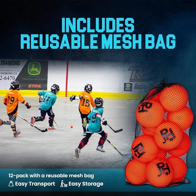Premier Sports - 12-Pack All-Weather Street Hockey Balls – Durable, Low-Bounce, High-Visibility Balls with Reusable Storage Bag – Premier Regulation Size