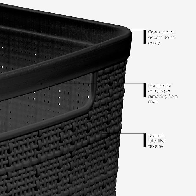 Curver Set of 6 Jute Medium Decorative Plastic Organization and Storage Baskets, Perfect Bins for Home Office, Closet Shelves, Kitchen Pantry and All Bedroom Essentials, Black