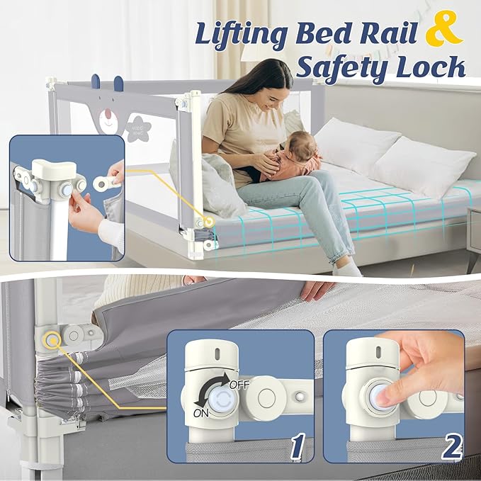 3-Piece Bed Rail for Toddlers with Headboard Rod, Adjustable Baby Bed Rail Guard (78.7 * 78.7 * 59 Inch-Queen Size)