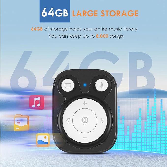 Clip MP3 Player: Bluetooth 5.3, Earphones Included, 15 Hours Battery Mini Music Player, 1000+ Songs Storage, No Phone Needed, Portable Music Players for Sports, Reading, Learning (64GB-Black)