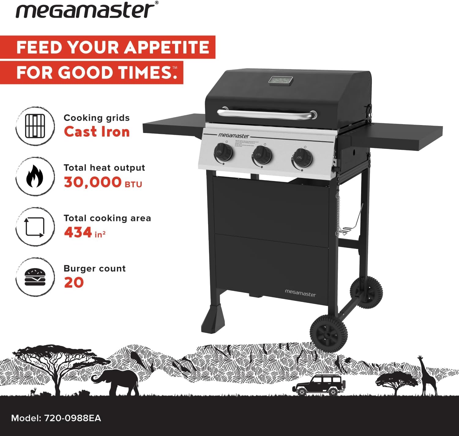 3-Burner Propane Gas Grill with Folding Side Tables, 30,000BTUs, 429.81 sq. in. Cooking Space, Stainless Steel Control Panel, Outdoor Kitchen Grill for BBQs, Patios, and More - 720-0988EA