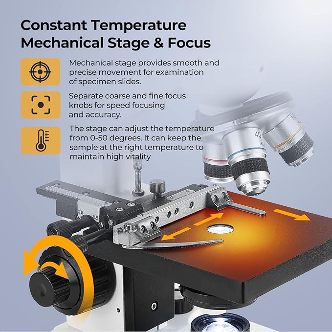 Constant Temperature Lab Monocular Compound Microscope 40X-2500X Magnification with 7" LCD Screen 5MP E-Eyepiece, Adjustable Thermostat Mechanical Stage for Husbandry, Pet Hospitals,Farms