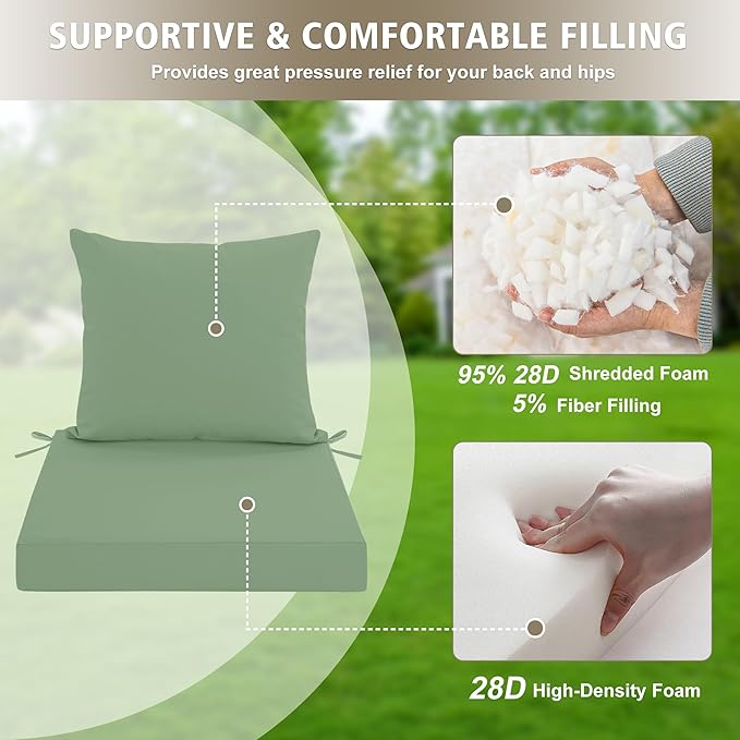 24x24 Inch Outdoor Cushions for Patio Furniture Set of 2, Waterproof Outdoor Chair Cushions w/Fade-Resistant, Removable & Machine-Washable Covers, Deep Seat Sofa/Couch Pads Replacement, Sage Green