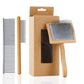 Ergonomic Slicker Brush for Long-Haired Dogs - Wooden Handle, Long Pins for Grooming Goldendoodles